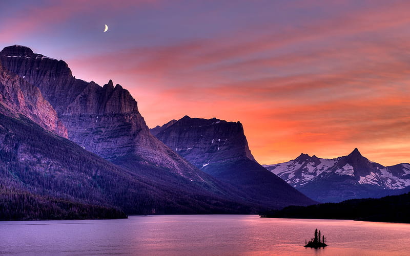 America, Wild Goose Island, sunset, mountains, Montana, USA, HD wallpaper
