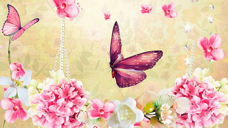 Flower Shower, flowers, butterfly, summer, flowers, papillon, scatter, spring, pink, HD wallpaper