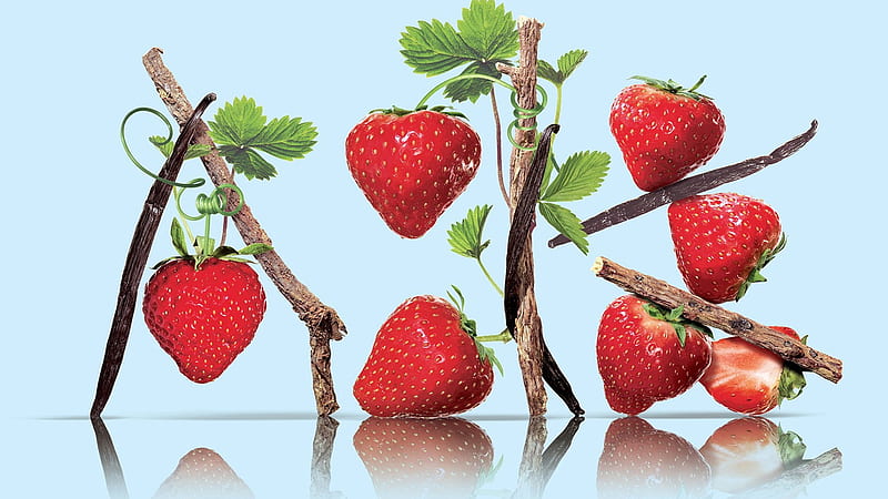 Strawberries Wood Sticks In Blue Background Strawberry, HD wallpaper