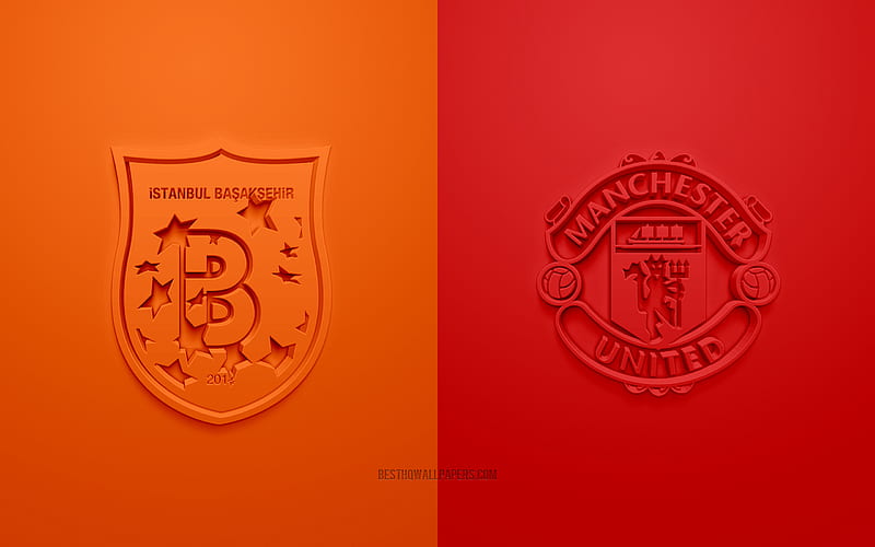 Istanbul Basaksehir vs Manchester United, UEFA Champions League, Group H, 3D logos, orange red background, Champions League, football match, Manchester United FC, Istanbul Basaksehir, HD wallpaper