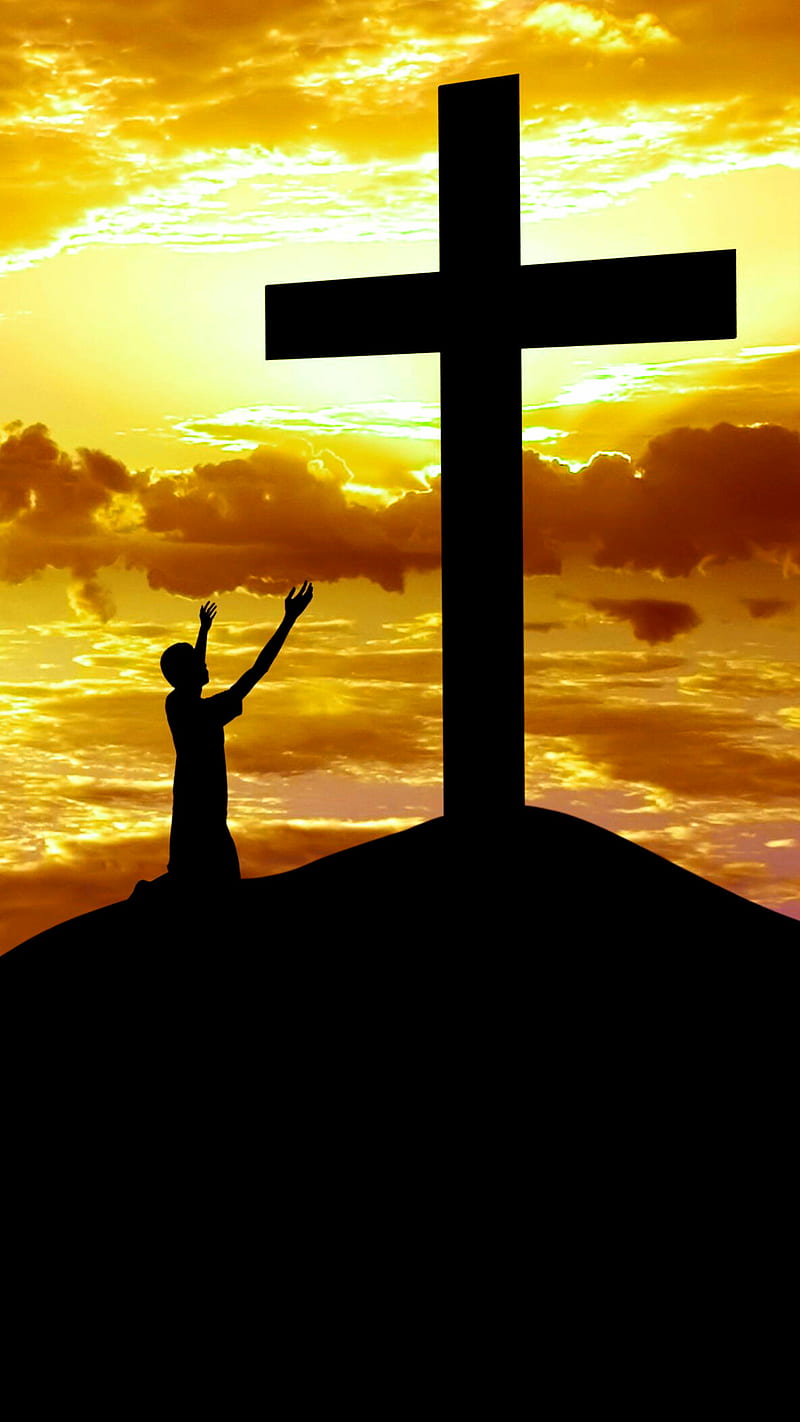 Pray, christ, cloud, cross, jesus, male, silhouette, HD phone wallpaper