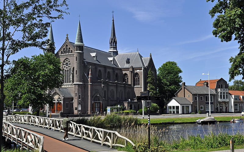 Church in Alkmaar, Netherlands, Alkmaar, canal, bridge, church, Netherlands, HD wallpaper