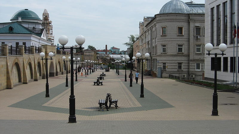 sidewalk, city, lantern, kazan, tatarstan, HD wallpaper