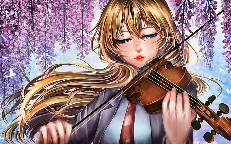 Shigatsu wa Kimi no Uso, Miyazono Kaori, crying, flowers, school uniform,  violin, HD phone wallpaper