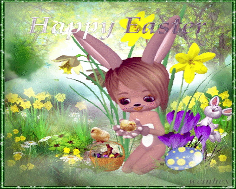 easter, green, chicken, easter egg, flowers, happy easter, framed, doll, HD wallpaper