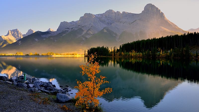 Grassi Lake, Banff NP, Alberta, reflections, canada, water, landscape, dusk, morning, mountains, HD wallpaper