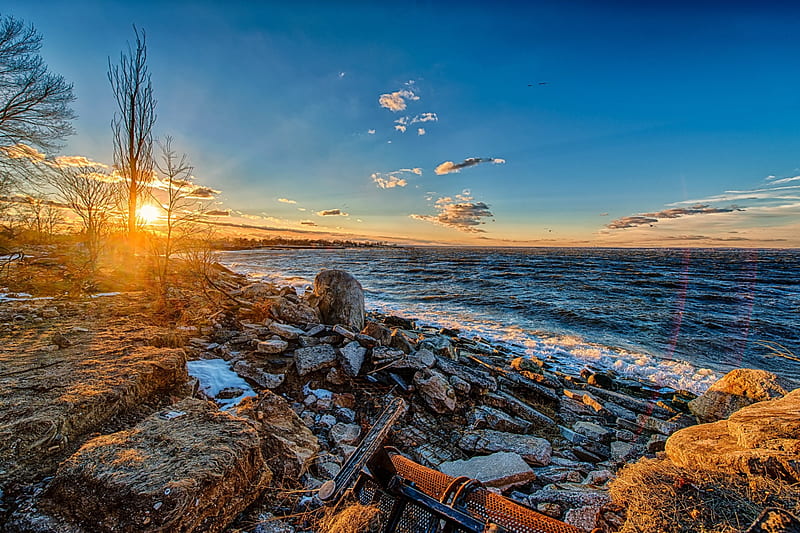 Long Island, USA, sun, stones, r, sunset, sky, coast, scrap metal, sea, HD wallpaper