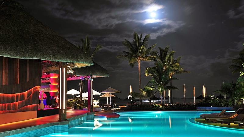 Poolside Night, luxurious pool, pool at night, pool, poolside, HD wallpaper