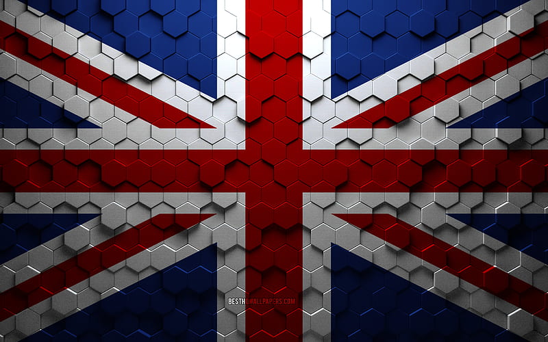 Flag of United Kingdom, honeycomb art, United Kingdom hexagons flag, United Kingdom, 3d hexagons art, United Kingdom flag, Great Britain, HD wallpaper