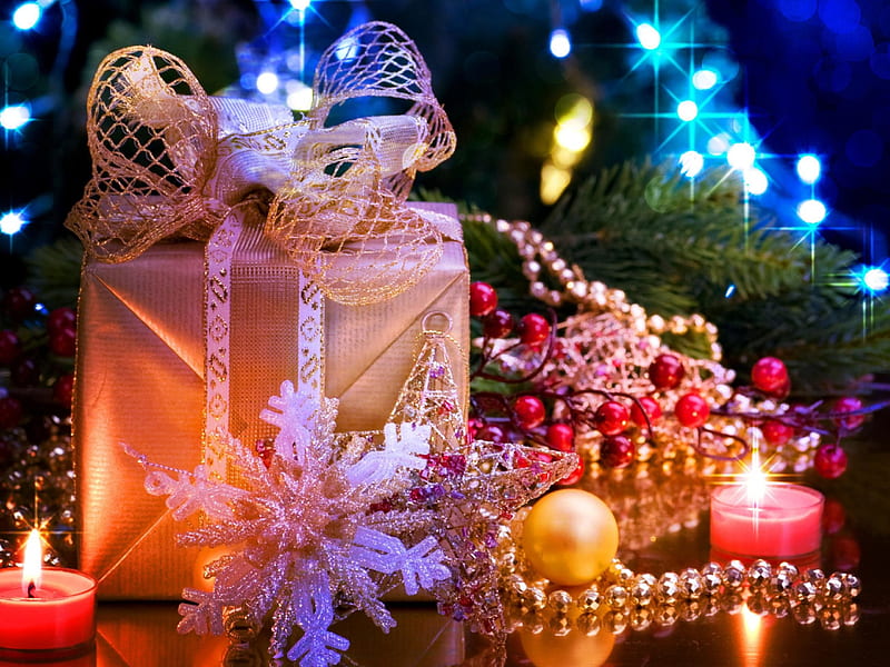 Xmas Gifts, candle, loop, pine branch, balls, parcel, HD wallpaper