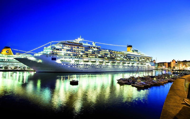 Costa Fascinosa, cruise ship, water, boat, ship, reflection, lights, luxury, HD wallpaper