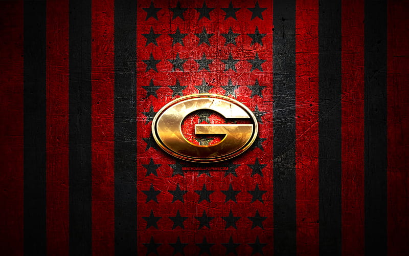 Georgia Bulldogs flag, NCAA, red black metal background, american football team, Georgia Bulldogs logo, USA, american football, golden logo, Georgia Bulldogs, HD wallpaper