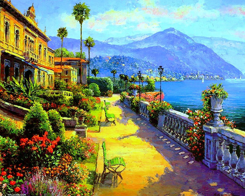 Bellagio Promenade, mountain, art, view, promenade, plants, houses, painting, flowers, HD wallpaper