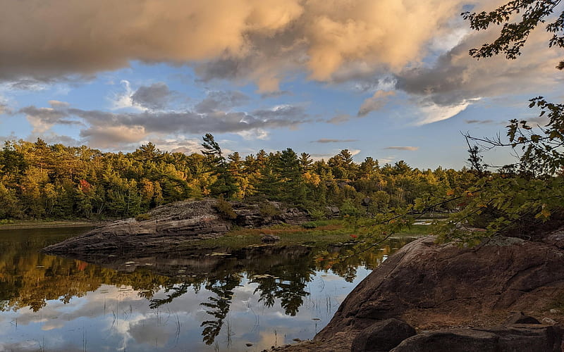 Fall at French River Provincial Park, Ontario, reflections, lake, clouds, trees, sky, canada, water, HD wallpaper