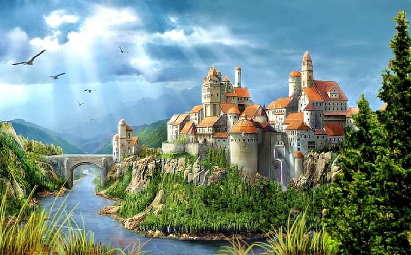 Castle On A Hilltop, scenic, sunlight, bonito, trees, clouds, fantasy, water, green, bridge, river, castle, HD wallpaper