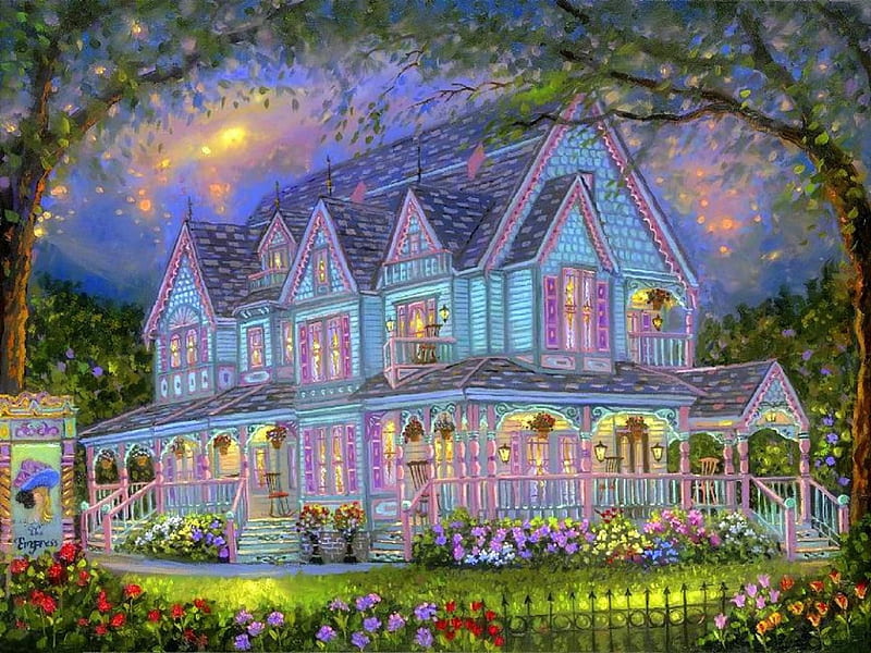 ★THE EMPRESS HOME★, architecture, fence, colorful, gardening, grass, home, attractions in dreams, bonito, most ed, elegant, lights, paintings, flowers, sparkling, lovely, all season, houses, lamps, colors, love four seasons, creative pre-made, trees, HD wallpaper