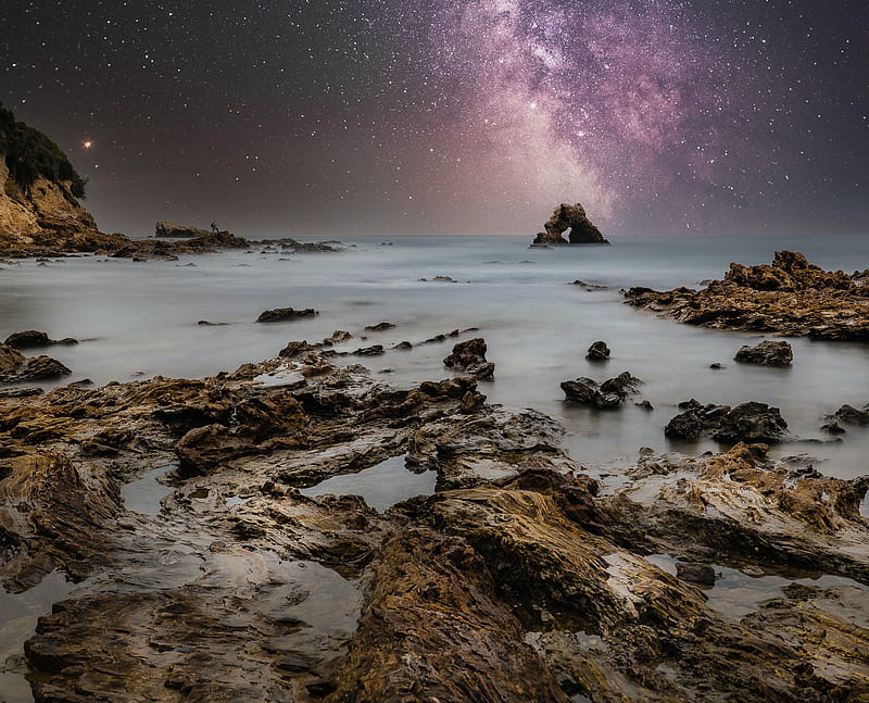 sea, coast, rocks, starry sky, water, HD wallpaper