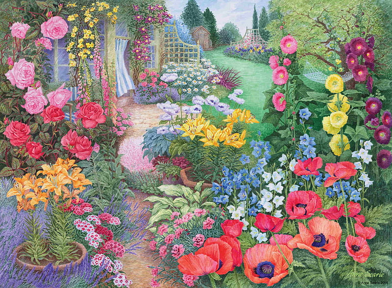 Happy Garden, poppies, flowers, day, lilies, gardens, hollyhocks, HD wallpaper
