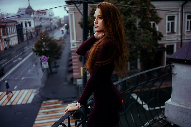 Red Hair Women In Balcony, girls, model, depth-of-field, portrait, HD wallpaper