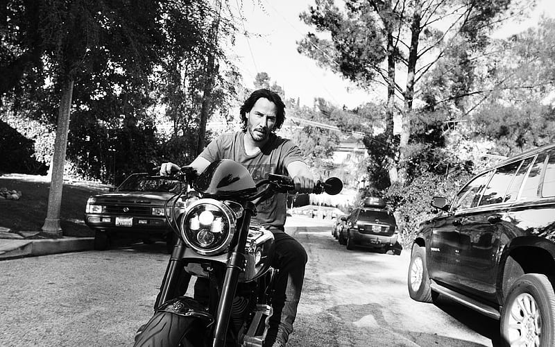 Keanu Reeves biker, monochrome, movie stars, Hollywood, american actor, celebrity, HD wallpaper