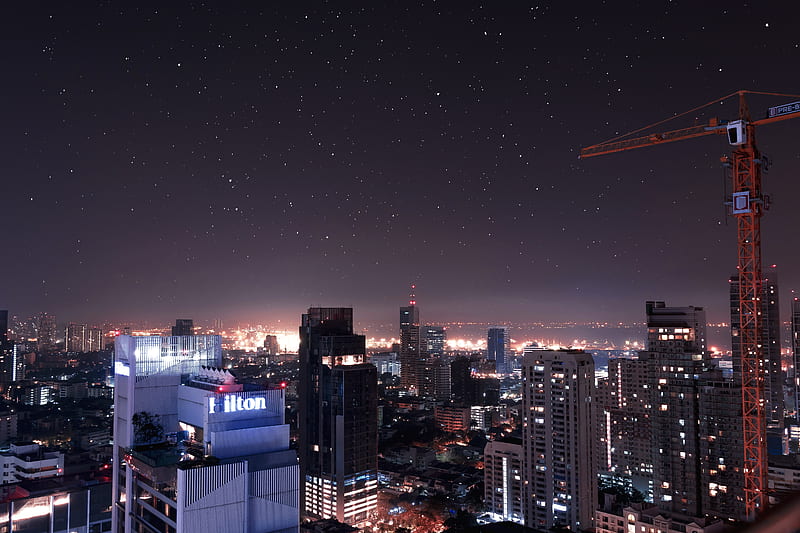 night, stars, buildings, skyscrapers, cityscape, City, HD wallpaper