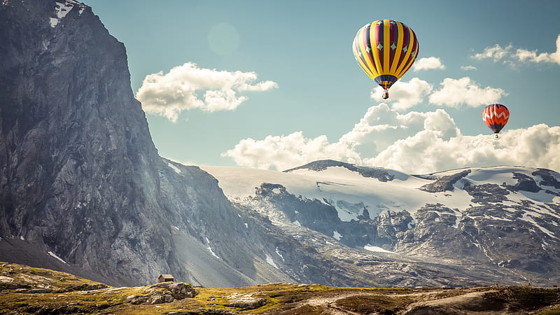 hot air balloon, scenic, mountain, clouds, house, Landscape, HD wallpaper