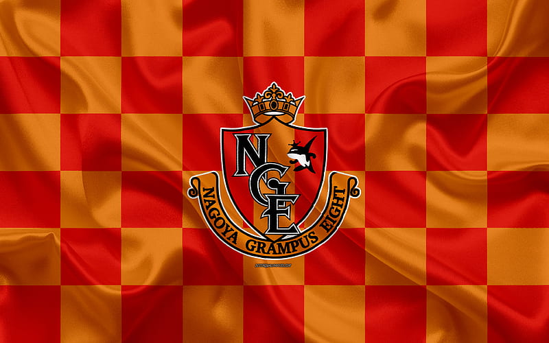 Nagoya Grampus logo, creative art, orange red checkered flag, Japanese football club, J1 League, J League Division 1, emblem, silk texture, Nagoya, japan, football, HD wallpaper