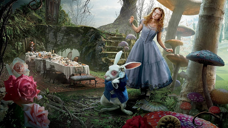 Alice Through the Looking Glass (2016), girl, mushroom, alice through the looking glass, white rabbit, blue, poster, dress, movie, fantasy, Mia Wasikowska, disney, HD wallpaper