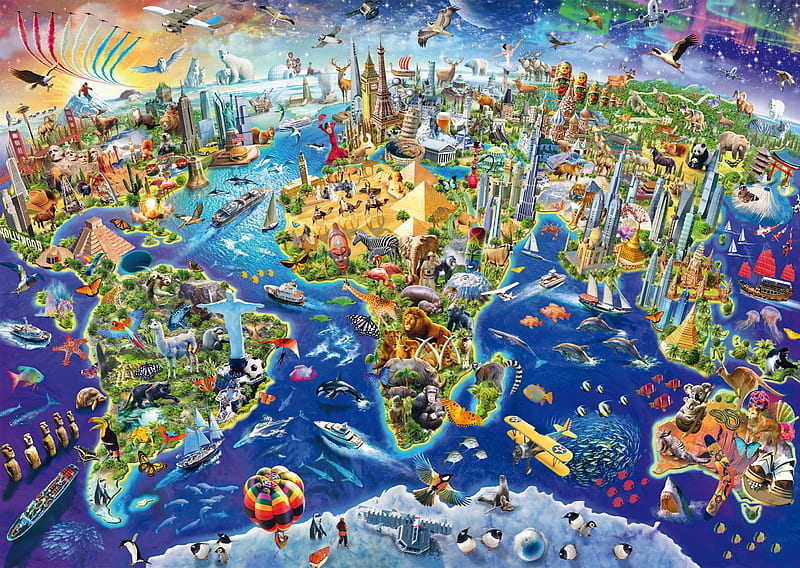 Discover the world, world, fantasy, green, yellow, bitar schmidt, blue, map, HD wallpaper