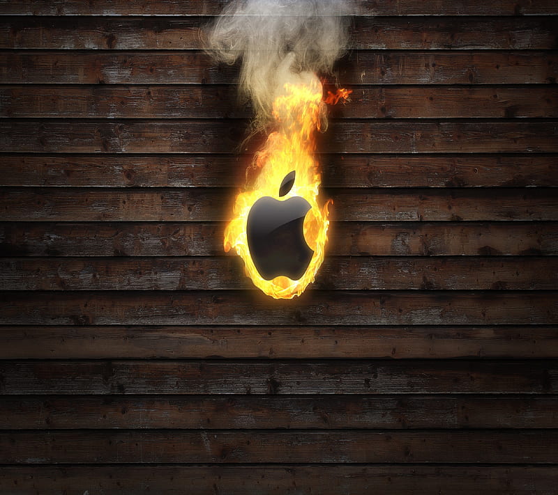 Burning Apple, fire, iphone, wood, HD wallpaper