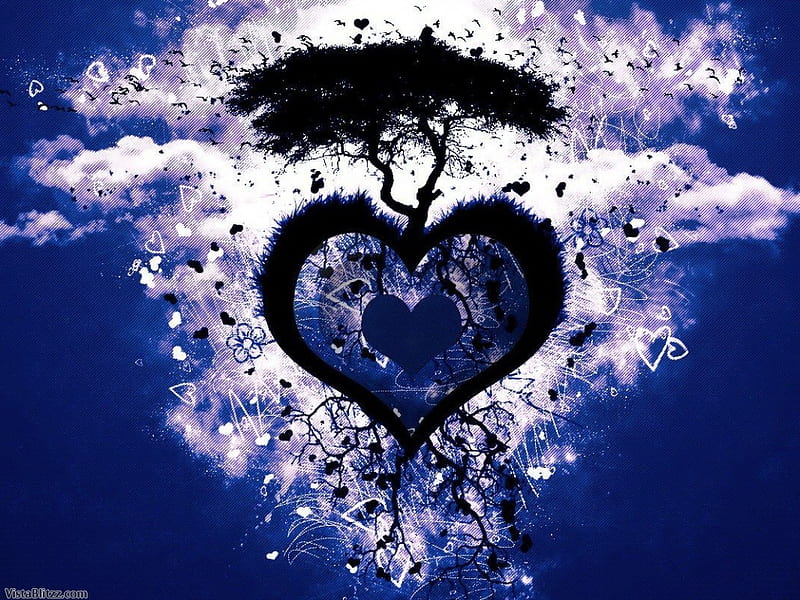 Love Tree, blue sky, heart, leafs, nature, HD wallpaper