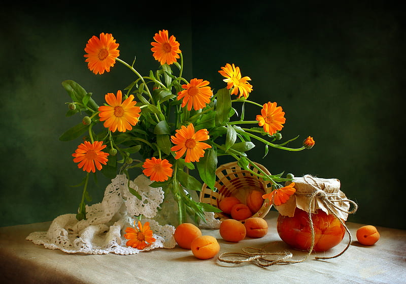 Still life, pretty, colorful, orange, lace, vase, bonito, fruit, graphy, nice, apricot, flowers, beauty, marigold, harmony lovely, colors, delicate, cool, bouquet, flower, HD wallpaper