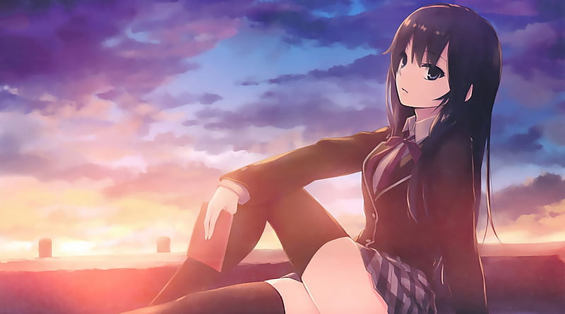 School Girls Anime Flying Night Sky Sunset 4K Wallpaper #6.2587