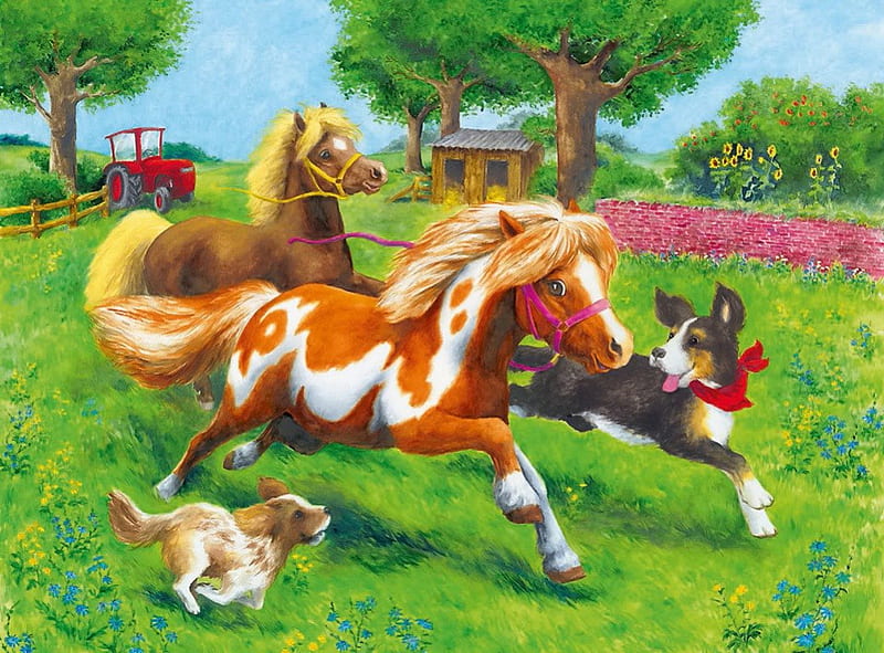 Best friends, house, grass, cottage, bonito, play, sweet, countryside, farm, nice, painting, best, friends, animals, puppy, playing, art, lovely, trees, horse, cute, pony, running, summer, garden, meadow, god, HD wallpaper