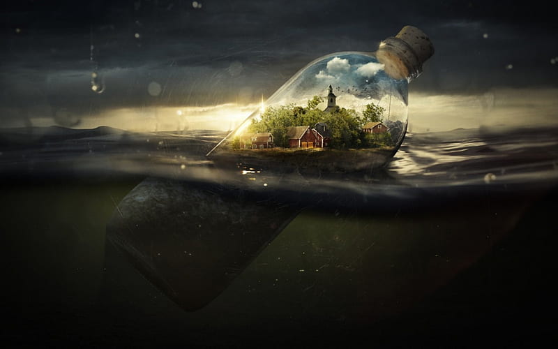 drifting away, house, bottle, ocean, barn, HD wallpaper