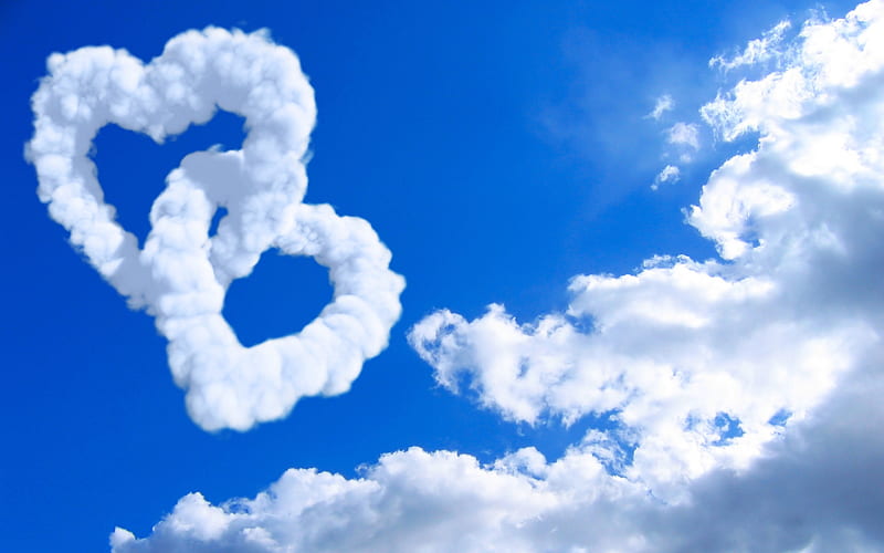 two hearts, clouds hearts, love concepts, blue sky, 3D art, heart made of clouds, 3D hearts, artwork, corazones, HD wallpaper