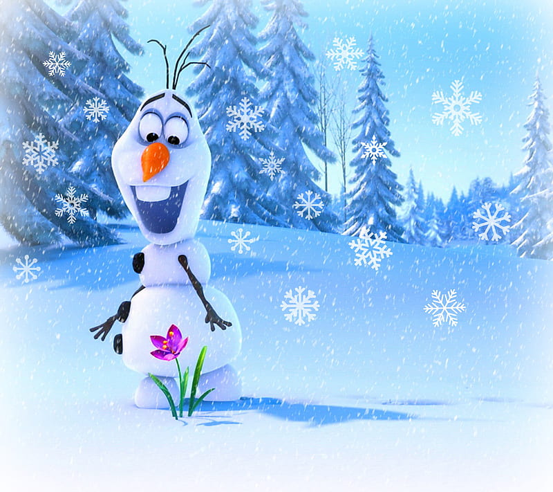Frozen Olaf, disney, flakes, flower, movie, snow, snowman, winter, HD wallpaper