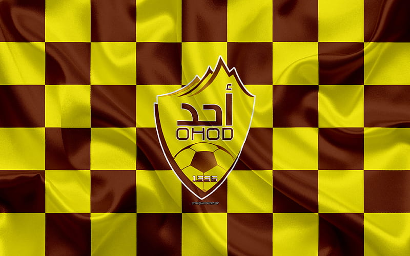 Ohod Club logo, creative art, yellow brown checkered flag, Saudi football club, Saudi Professional League, silk texture, Medina, Saudi Arabia, football, Ohod FC, HD wallpaper