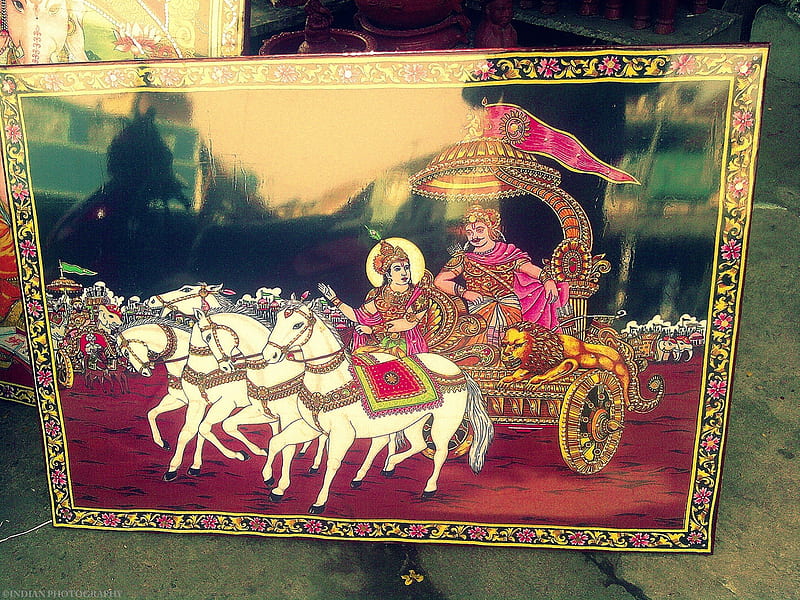 Mahabharata, arjuna, art, chariot, horses, hindu god, graphy, Lord, India, wall mount, God, Lord krishna, HD wallpaper