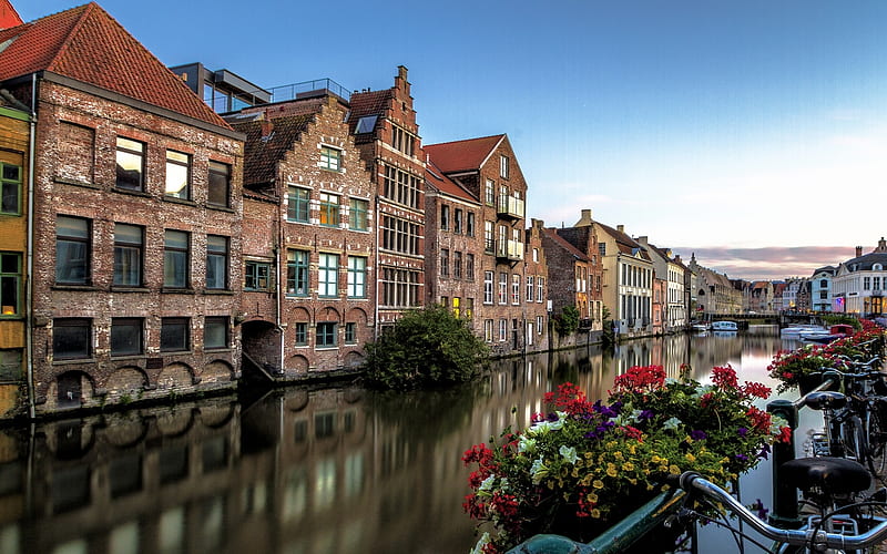 Ghent, Belgium, houses, Belgium, Ghent, canal, flowers, bicycles, HD wallpaper