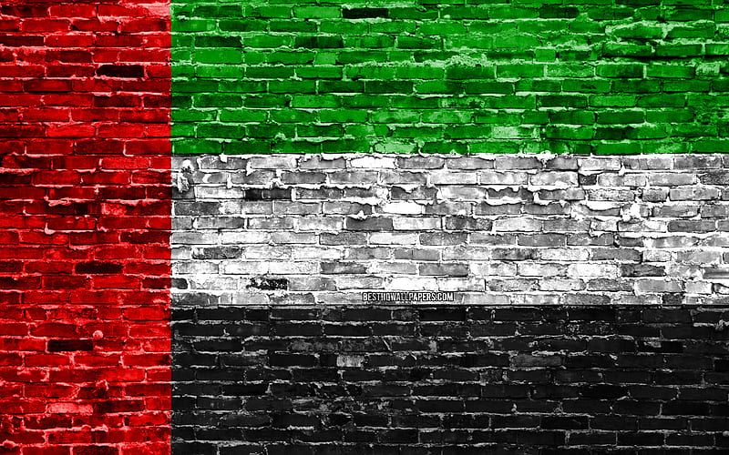 UAE flag, bricks texture, Asia, national symbols, Flag of United Arab Emirates, brickwall, UAE 3D flag, Asian countries, United Arab Emirates, HD wallpaper