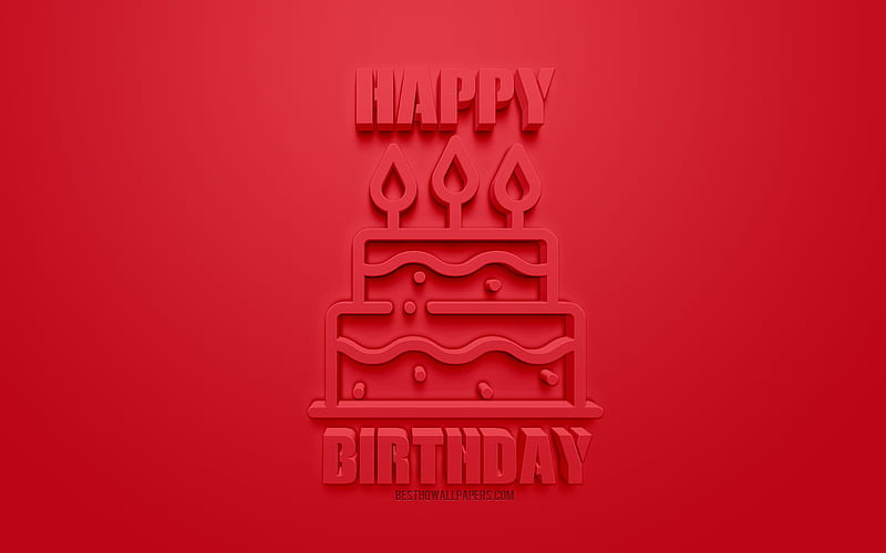 Happy Birtay, red 3d art, red background, 3d cake icon, congratulation, Birtay, greeting card, HD wallpaper