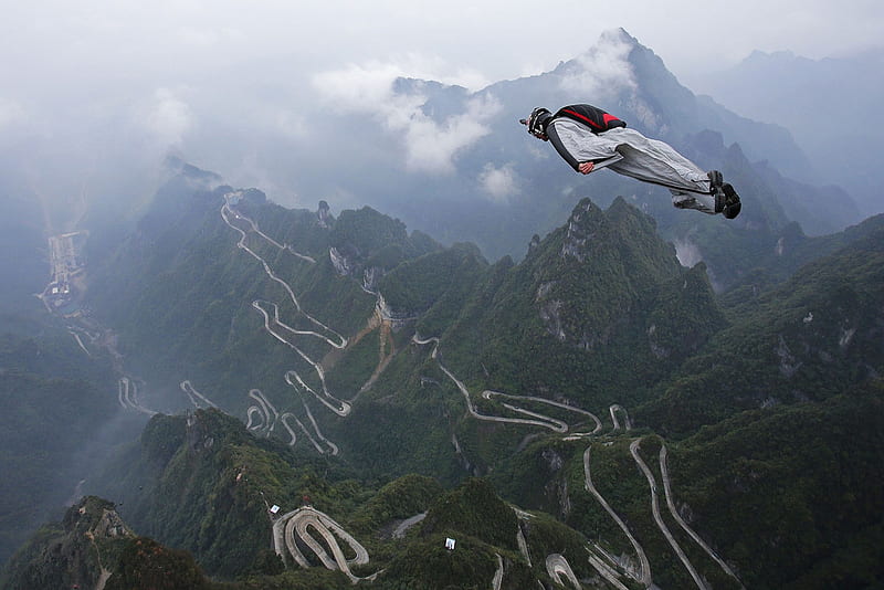 Wingsuit flyer above Tianmen Mountain, Tianmen Mountain, China, World Wingsuit Championship, Wingsuit, 13 October 2016, Flyer, HD wallpaper