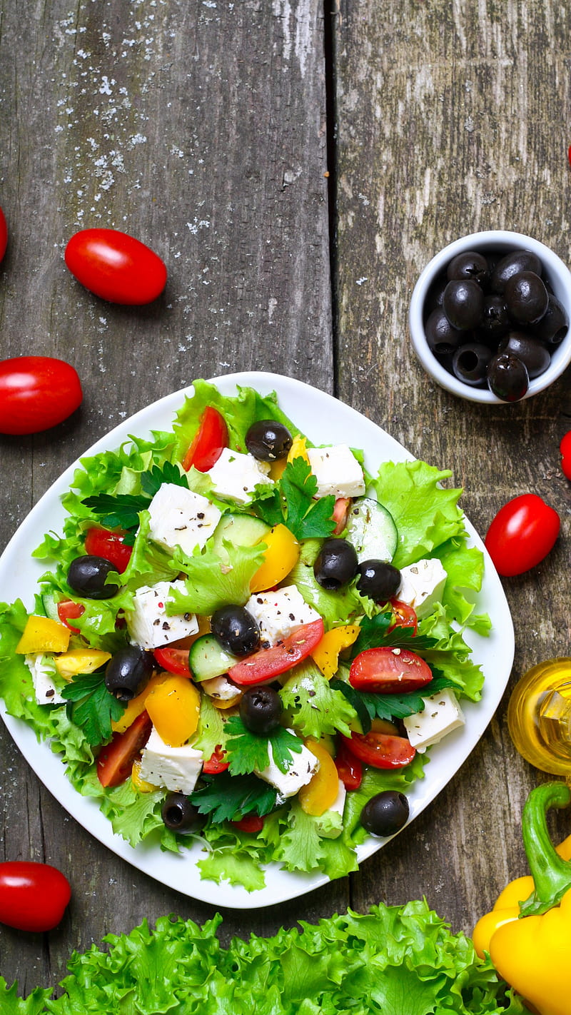 Greek salad, food, healthy, cheese, spoon, tomato, olives, cucumber, diet, HD phone wallpaper