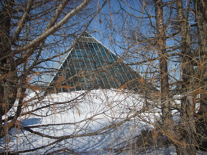 Muttart Conservatory of Edmonton 07, graphy, snow, pyramids, white, trees, sky, blue, Winter, HD wallpaper