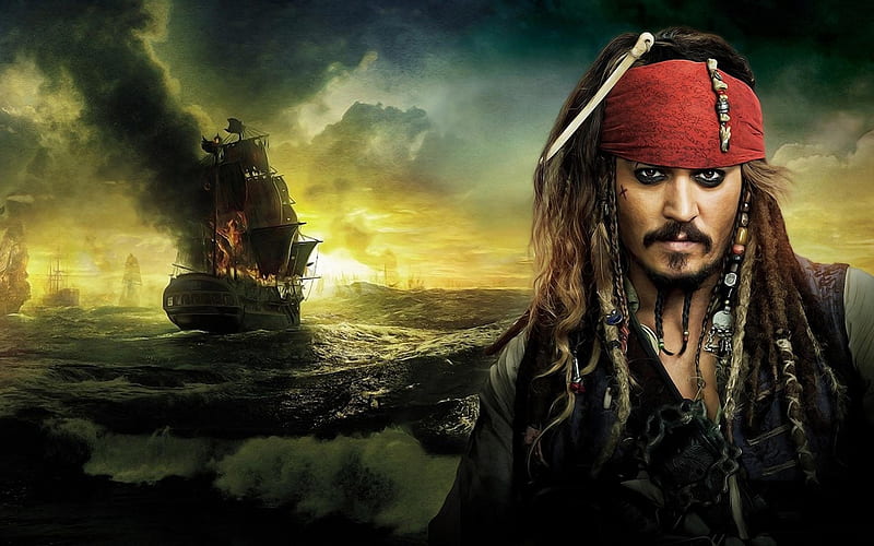 Captain Jack Sparrow, red, yellow, man, pirate, sea, ship, jack sparrow, johnny depp, Pirates of the Caribbean, actor, HD wallpaper