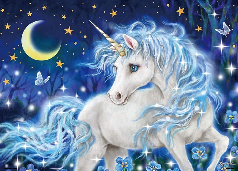 Blue Unicorn by Kayomi Harai, art, moon, moon, unicorn, child, white, blue, kayomi harai, fantasy, HD wallpaper