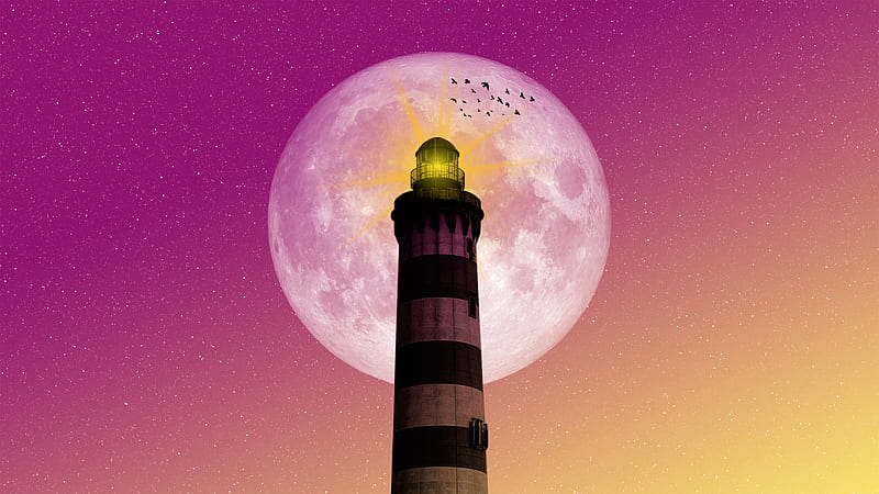 Moon Lighthouse Birds Pink Yellow Sky, artist, artwork, digital-art, HD wallpaper