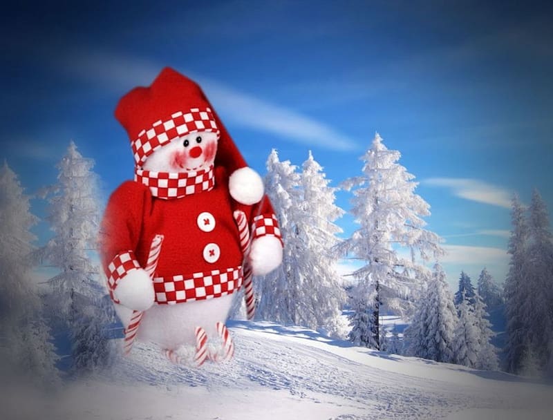 Snowman Ski Adventure, colorful, blue, white, vibrant, shirt, snowman, vivid, snow, red, bright, trees, bold, sky, hat, plaid, HD wallpaper