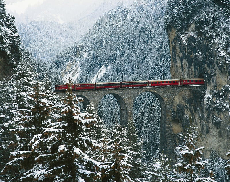 Winter Train, Tunnel, Forest, Bridge, Winter, HD wallpaper